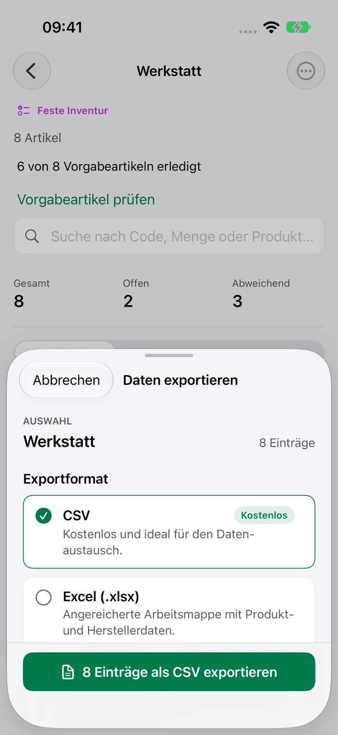 StockScan: CSV & Excel exportieren