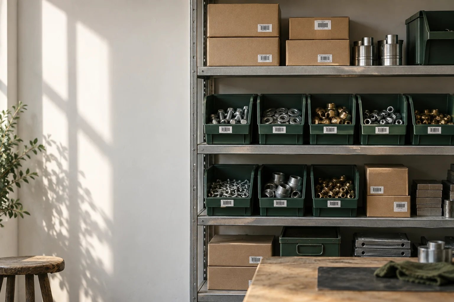 Werkstattregal mit grünen Kleinteilekästen und Materialkartons; illustratives KI-Motiv